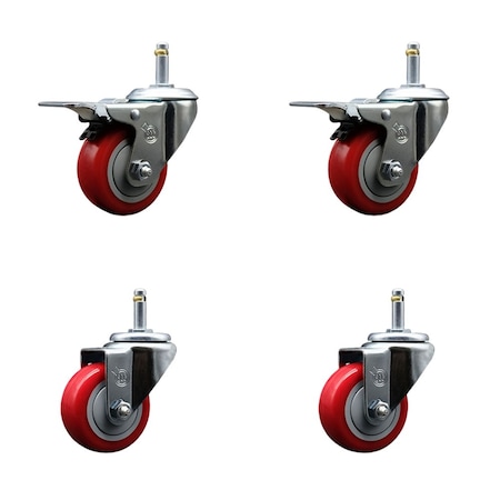 Service Caster 3'' Red Poly Wheel Swivel 7/16'' Stem Caster Set 2 Total Lock Brake, 4PK SCC-GRTTL20S314-PPUB-RED-716138-2-S2